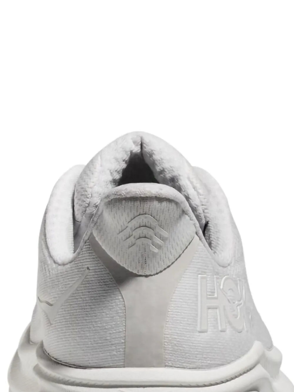 Hoka Clifton 9 white sneakers, rear view with cushioned collar and Hoka heel logo