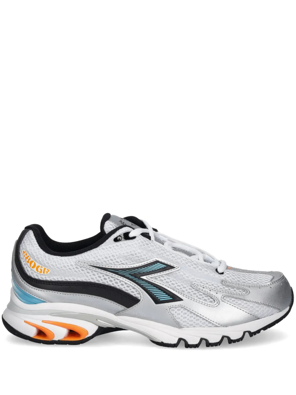 Diadora Mythos light grey sneakers with teal logo, black heel and orange sole accents