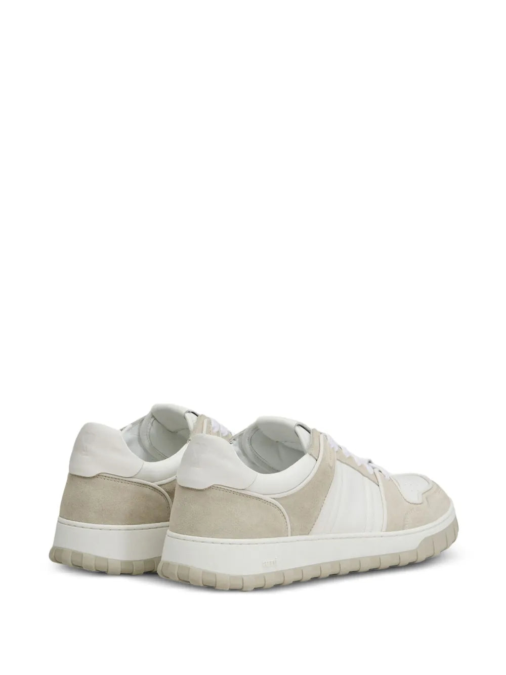 Low-top walk sneakers, off-white front with beige suede panels and white laces