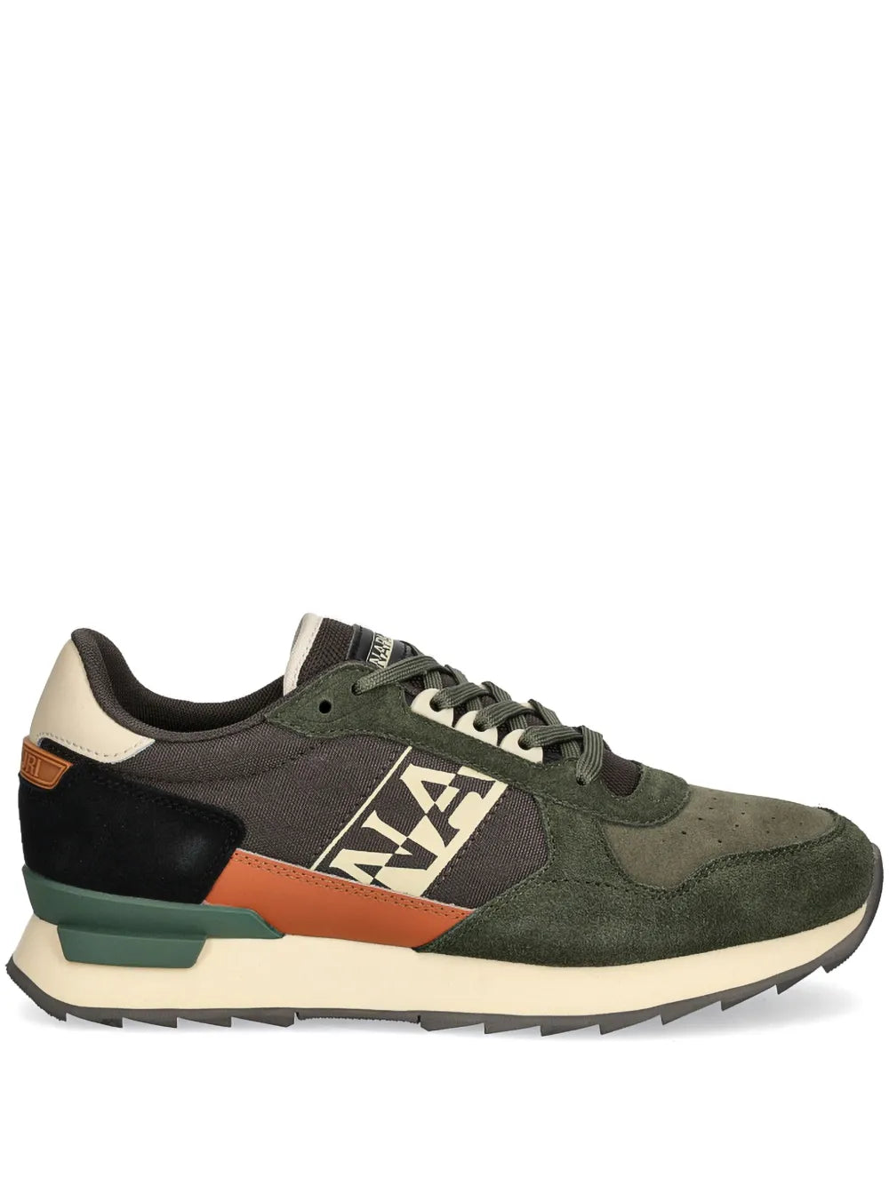 Napapijri low-top sneakers in khaki green with black logo panel and orange stripe