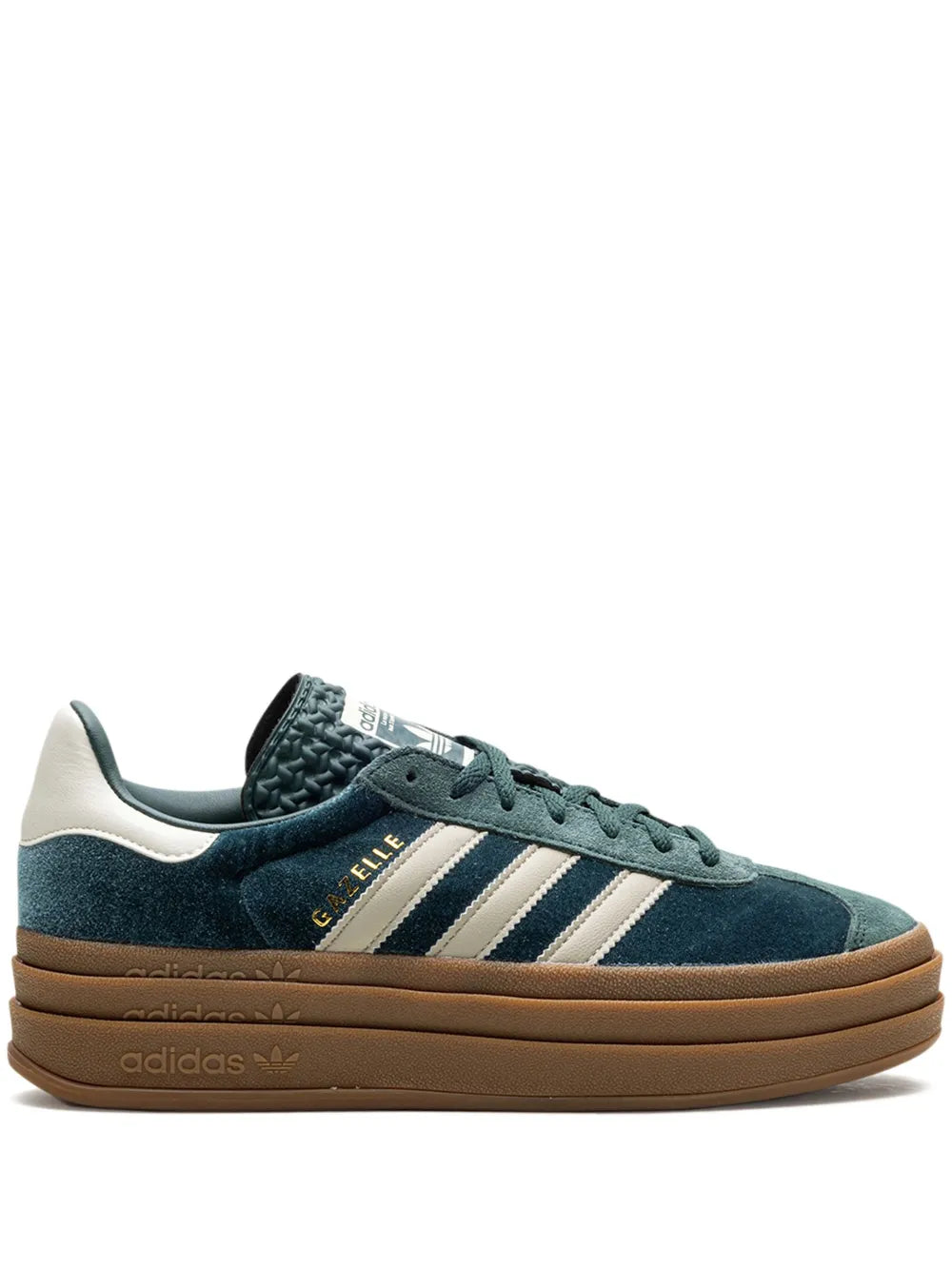 Low-top suede sneaker, teal with white adidas stripes and gum sole