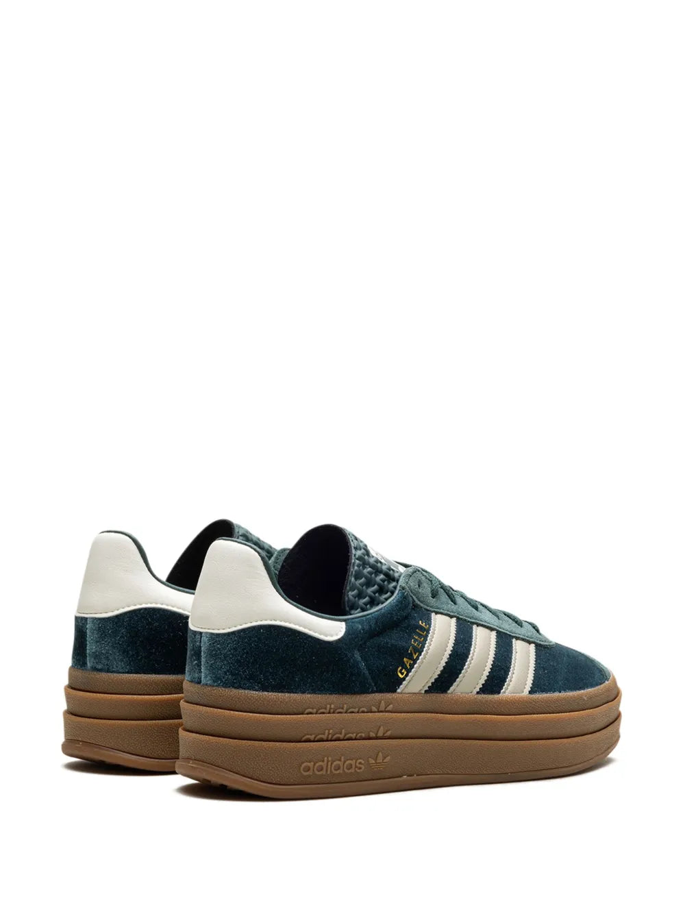 Low-top sneaker heel view, teal suede upper with white stripes and gum midsole