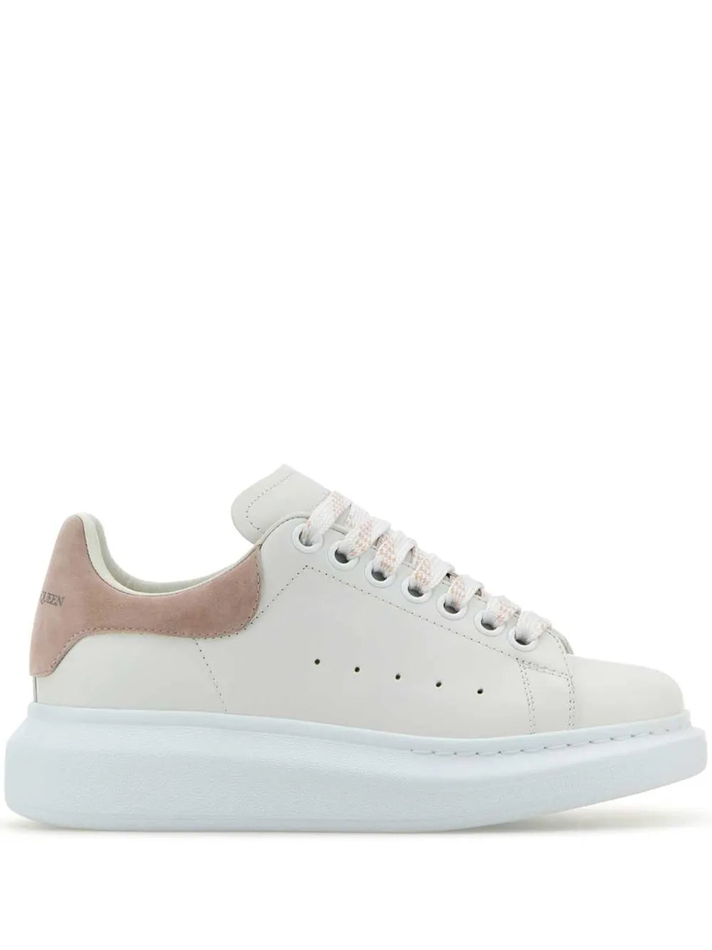 Alexander McQueen oversized sneakers: white leather lace-up, perforated toe, blue platform sole