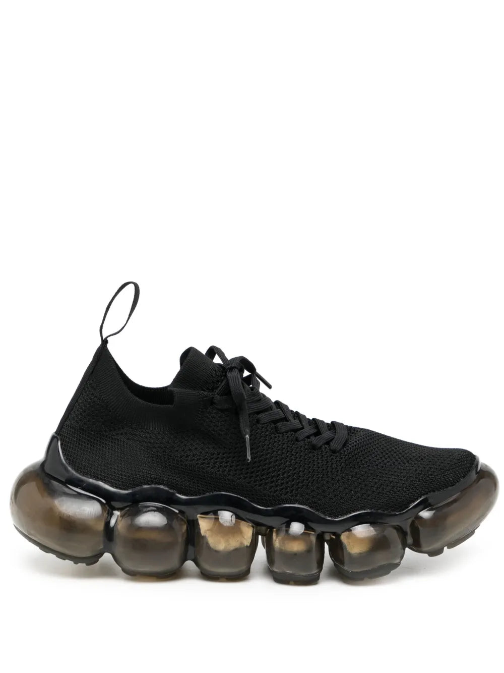 Black mesh lace-up sneakers with chunky clear-gel sole and ridged bumper