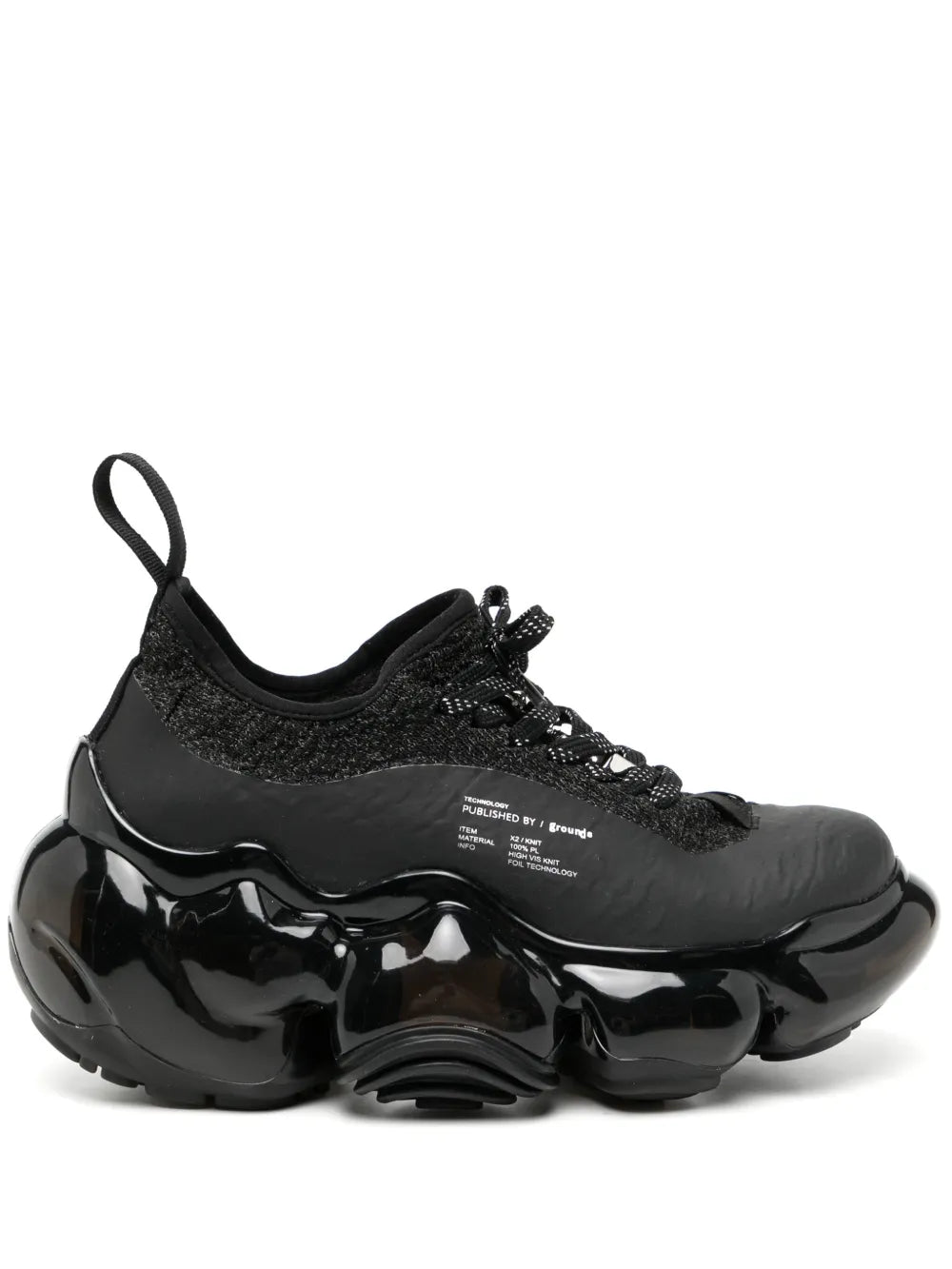 Grounds X Published Moopie sneakers, black chunky lace-up with glossy panels