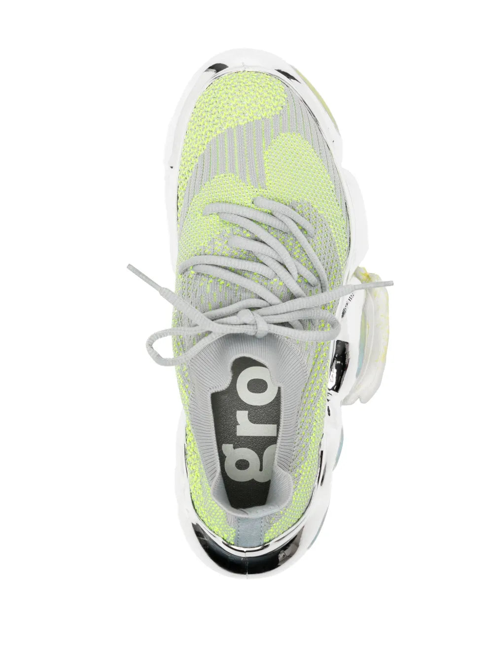 Close-up of neon green knit lace-up sneaker with 'gr8' logo patch on tongue.