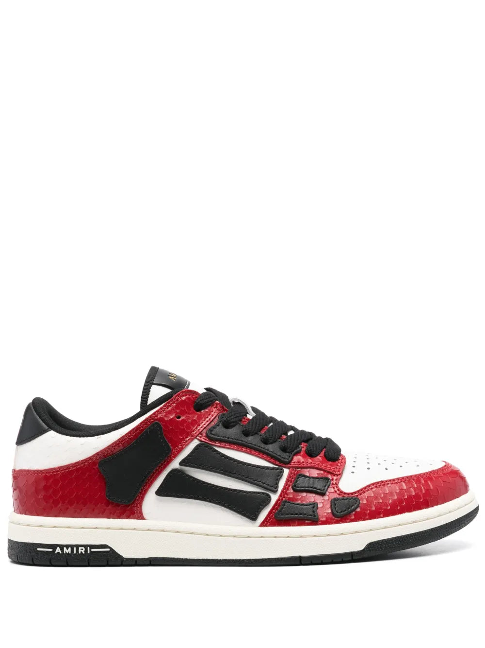 Brick red, white, and black low-top lace-up sneakers with chunky sole