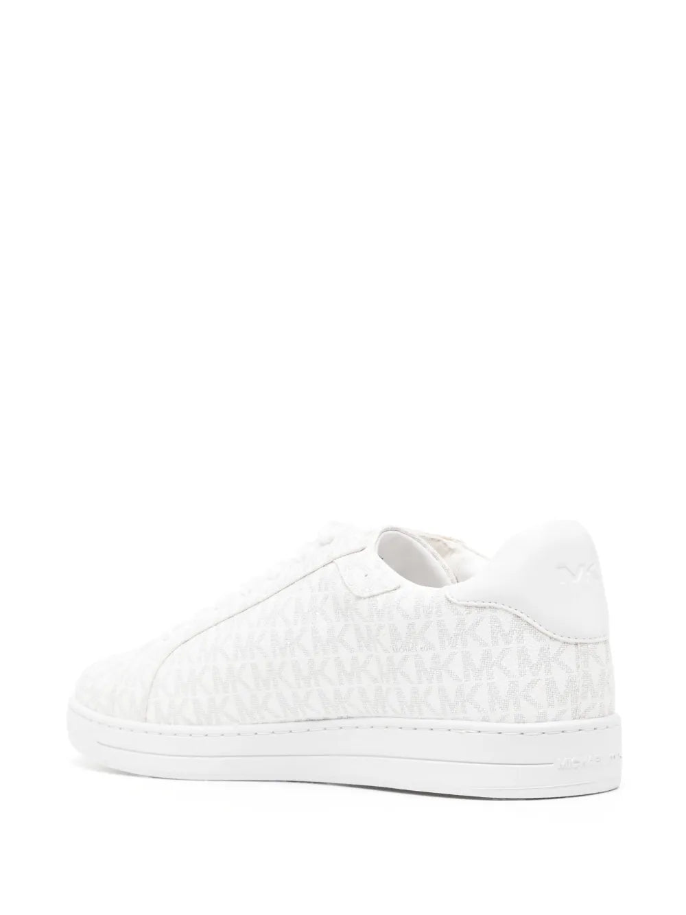 White sneakers back view with MK logo monogram canvas upper and heel panel