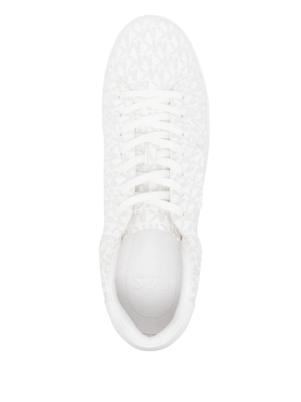 White sneakers top view with lace-up front and cushioned collar