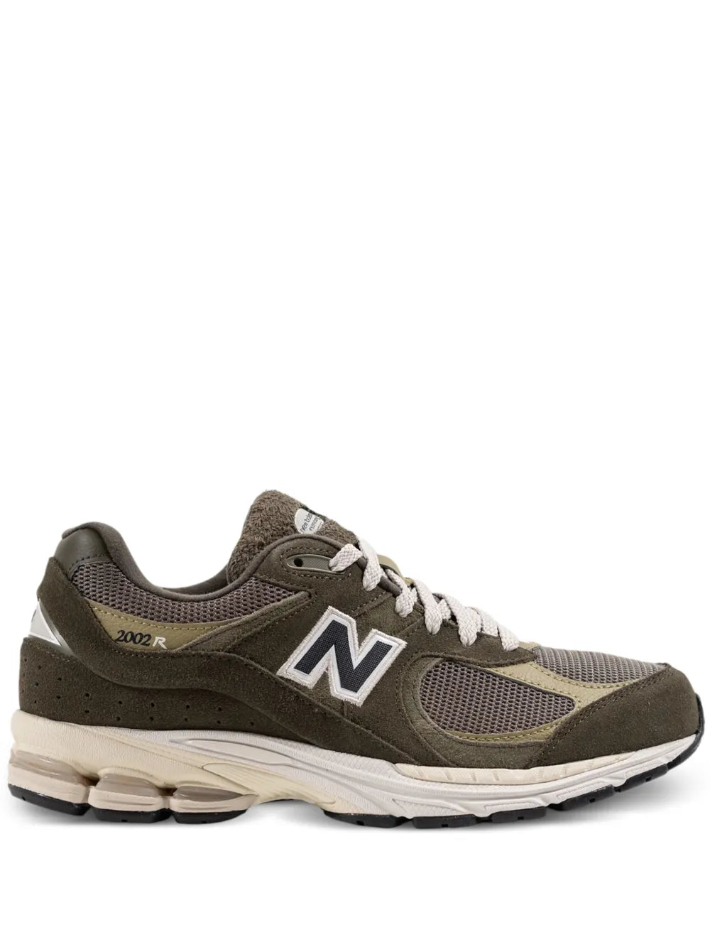 Olive green New Balance sneakers with mesh panels, N logo, and lace-up closure