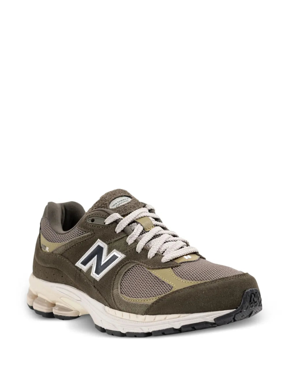 Olive green lace-up sneakers with white N logo and mixed mesh and suede uppers