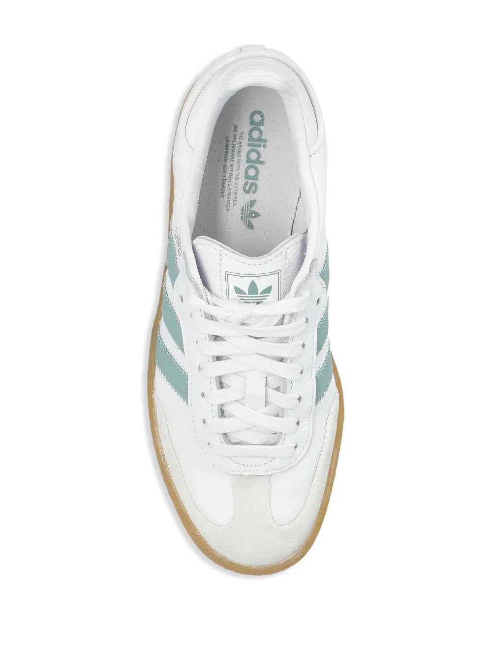 White leather-look sneakers with mint accents, white laces and gum sole