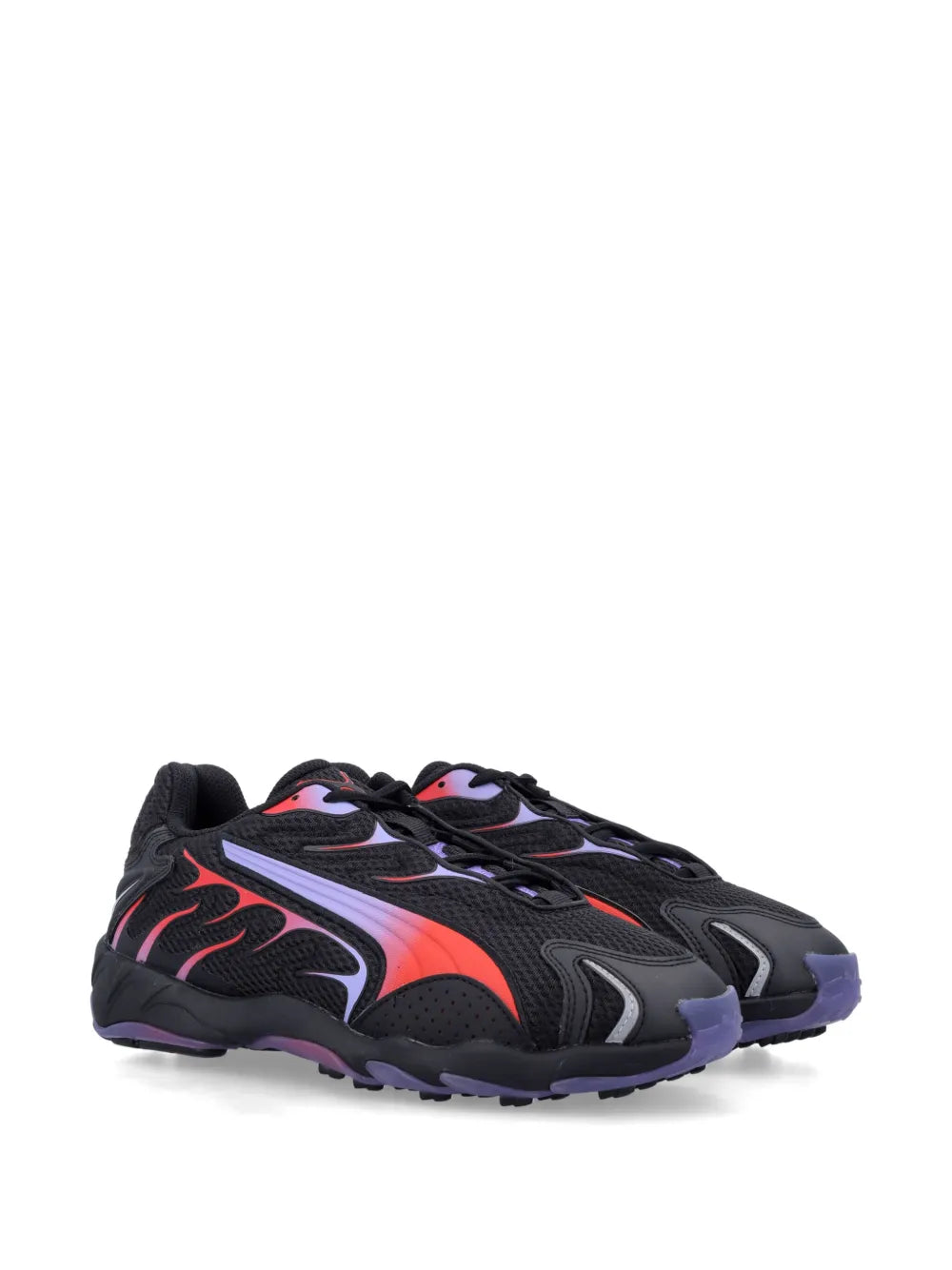 Black athletic sneaker with red and purple flame graphics, low-profile lace-up