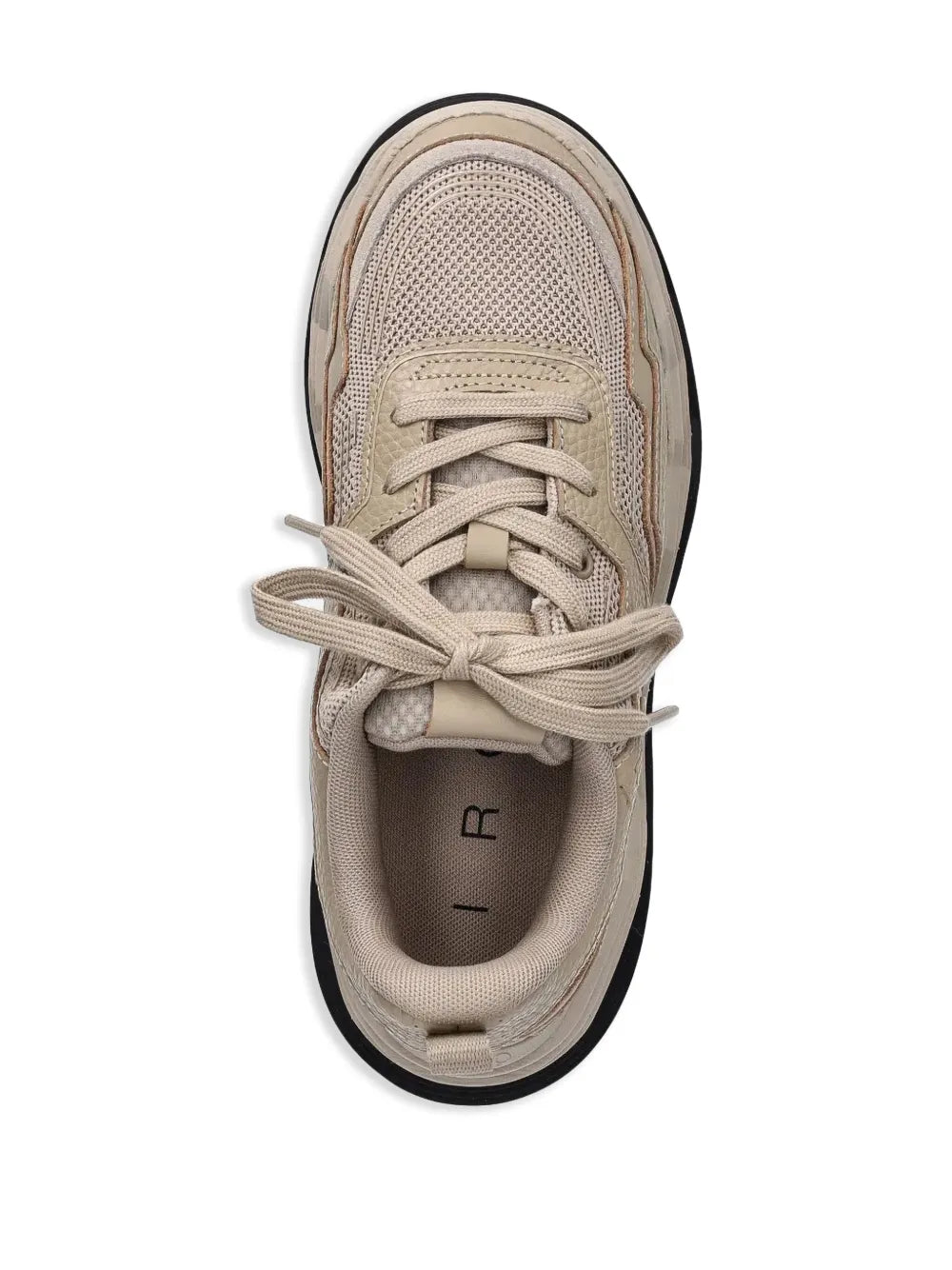 Taupe lace-up sneaker with padded collar and woven-textured upper