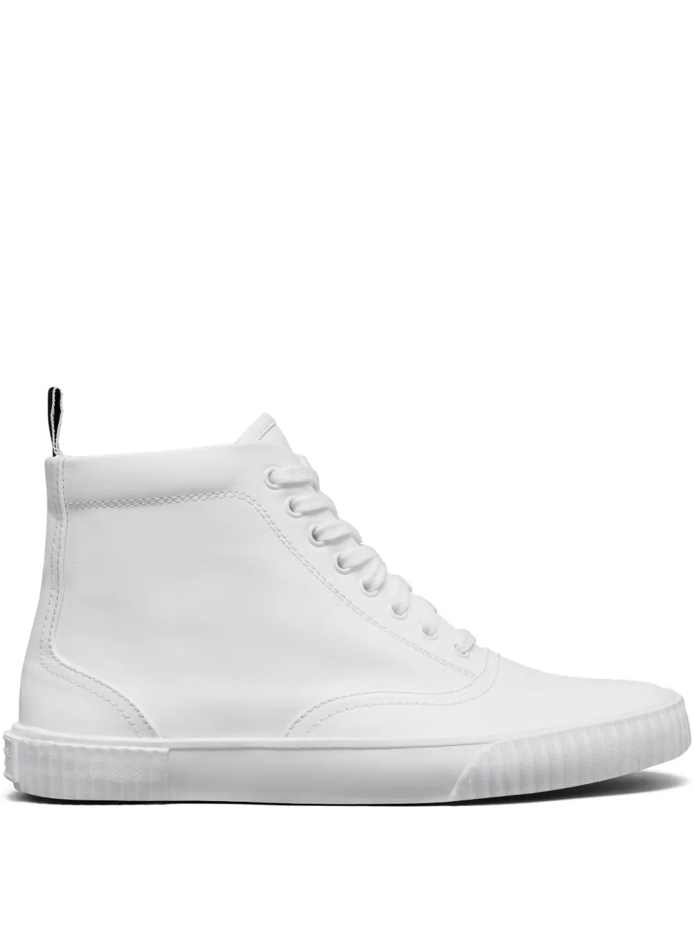 White high-top sneakers with lace-up front and rubber toe cap