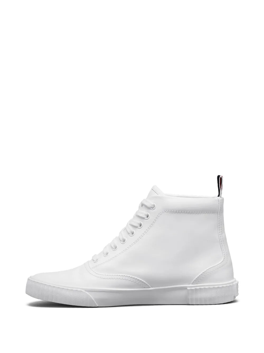 White high-top sneakers with side profile, lace-up closure, rubber sole