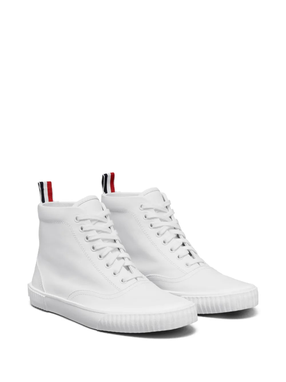 Pair of white high-top sneakers with striped heel tab and lace-up