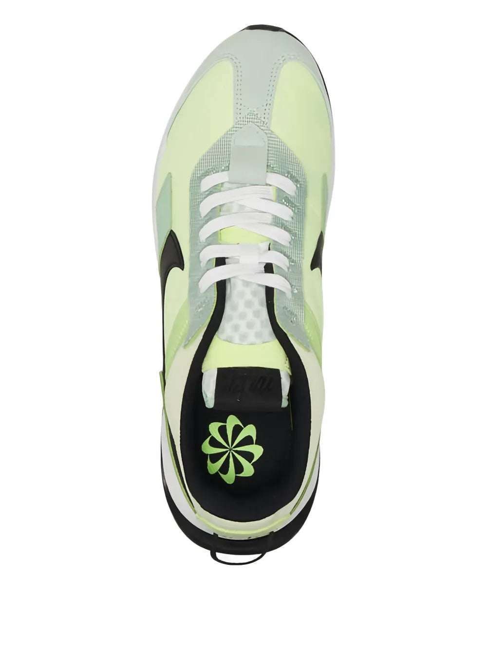 Nike Air Max Pre-Day sneakers, heel and top view with green logo on dark panel