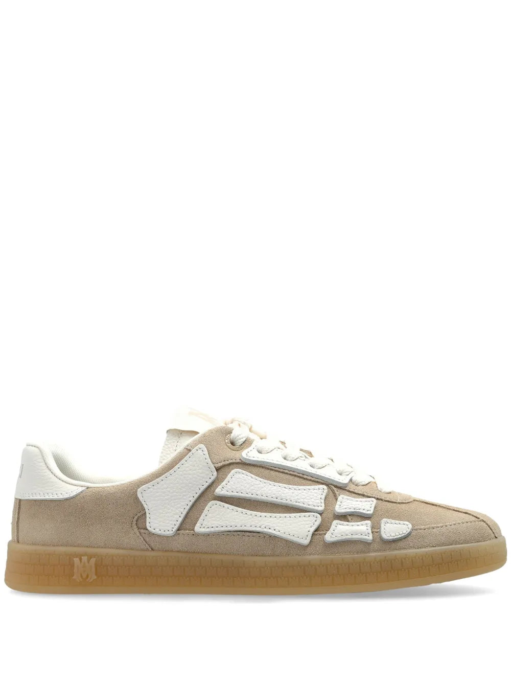 Beige suede low-top sneakers with white logo and laces, gum rubber sole
