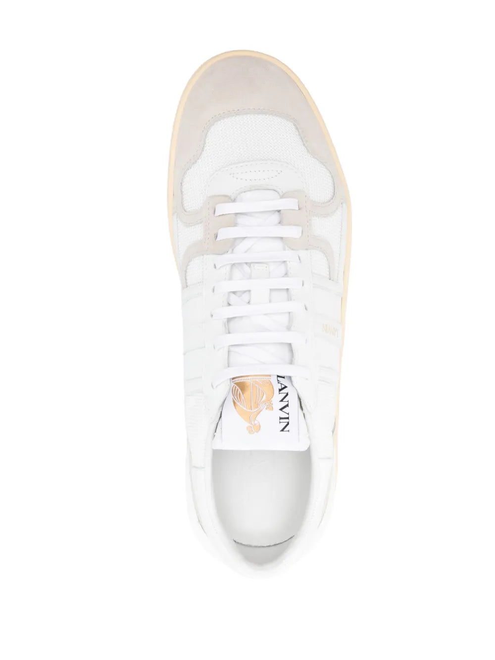 Lanvin Clay white leather sneakers, front view with laces and logo tongue