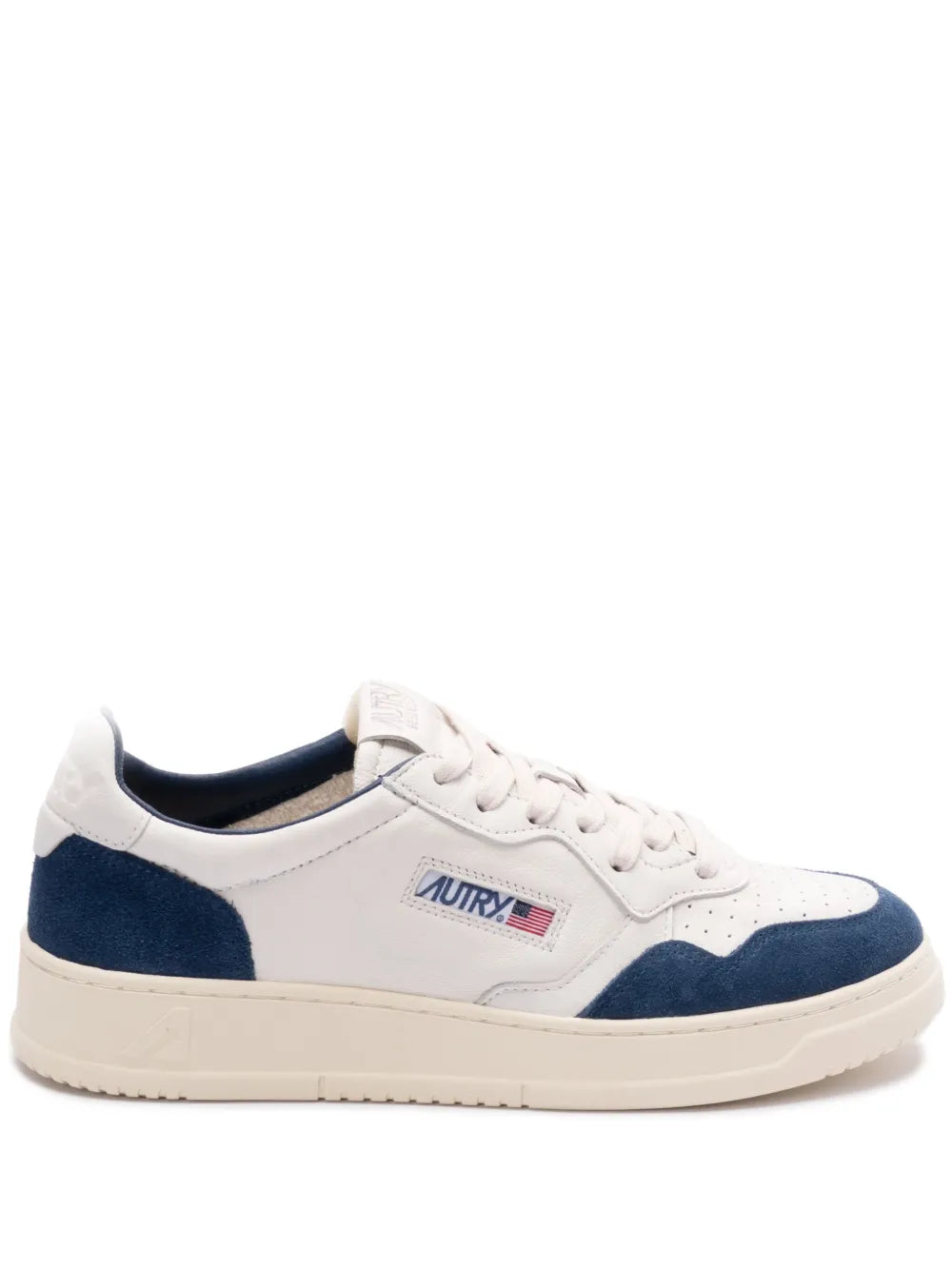 Low-top lace-up sneakers in white with navy suede side panels