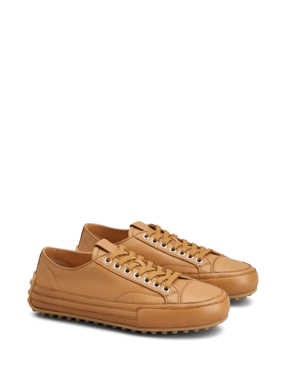 Tan leather sneaker, front 3/4 view, lace-up with chunky rubber sole