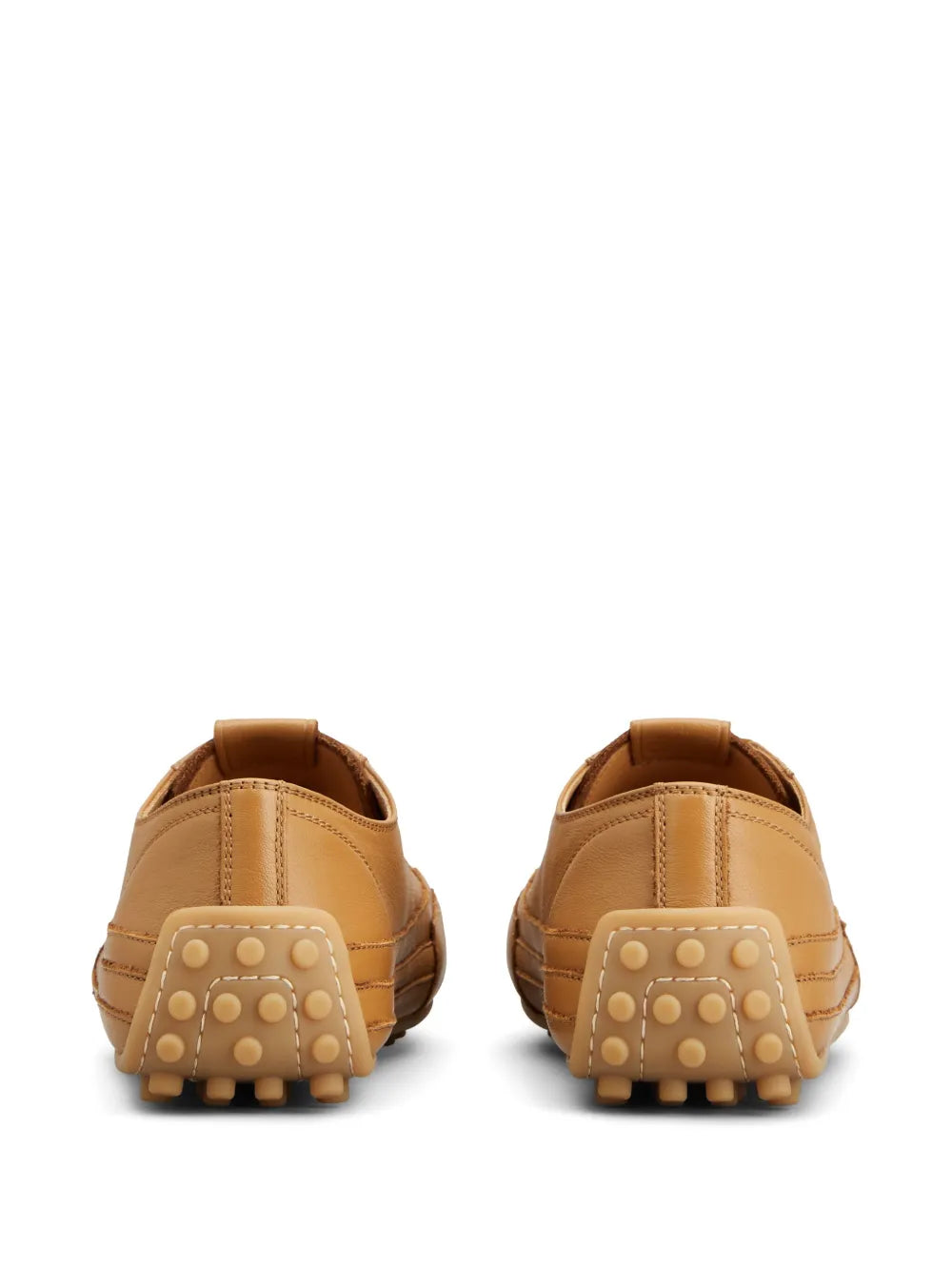 Back view of tan leather sneaker with padded heel and lace-up collar