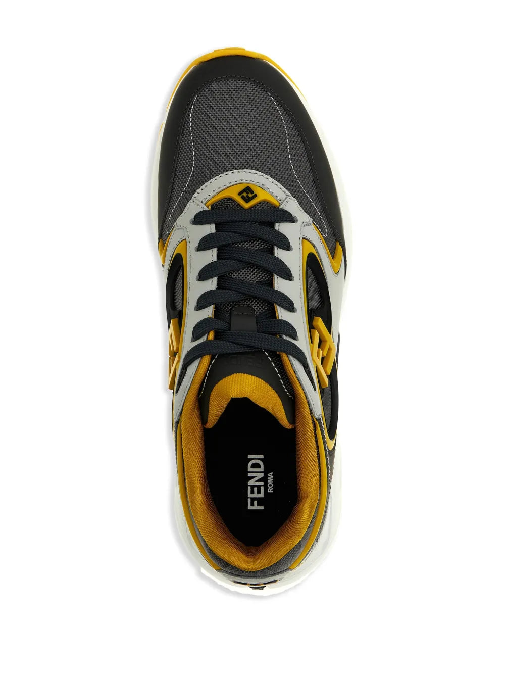 Fendi Forward sneaker close-up, dark gray upper with black laces, yellow lining and logo