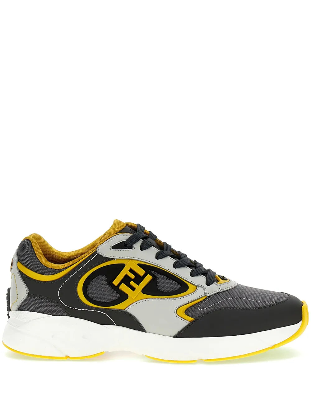 Fendi Forward sneakers in dark gray with white uppers, black laces, yellow accents