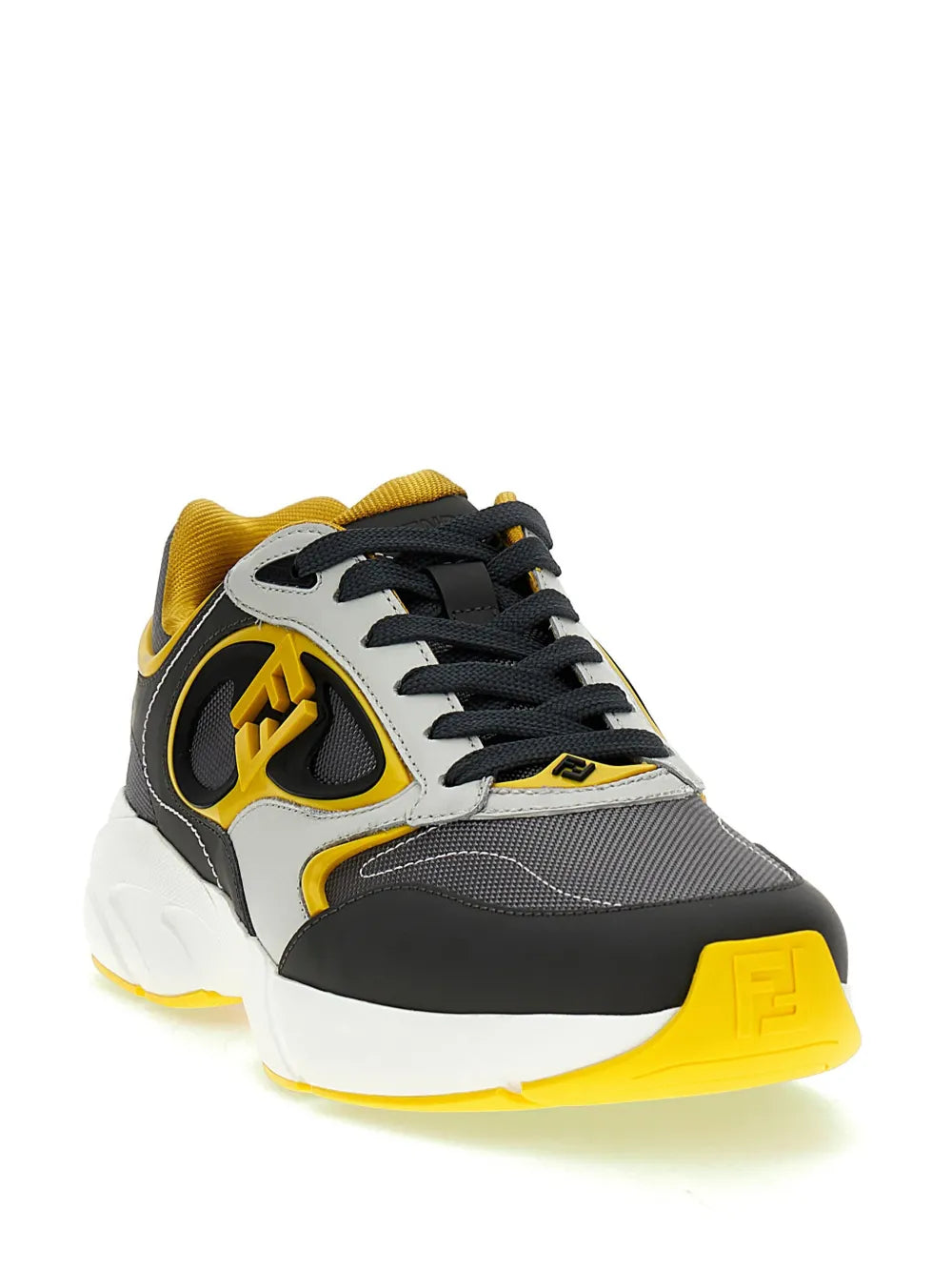 Fendi Forward low-top sneakers in white and dark gray, black laces, yellow outsole