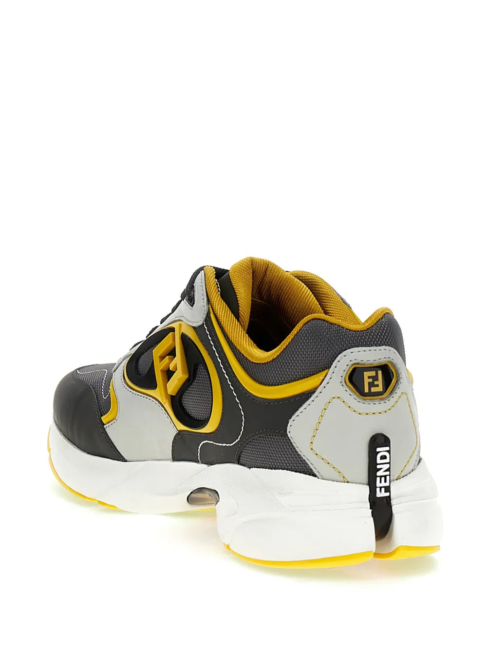 Fendi Forward sneakers, side view with dark gray and white panels, yellow trim, logo