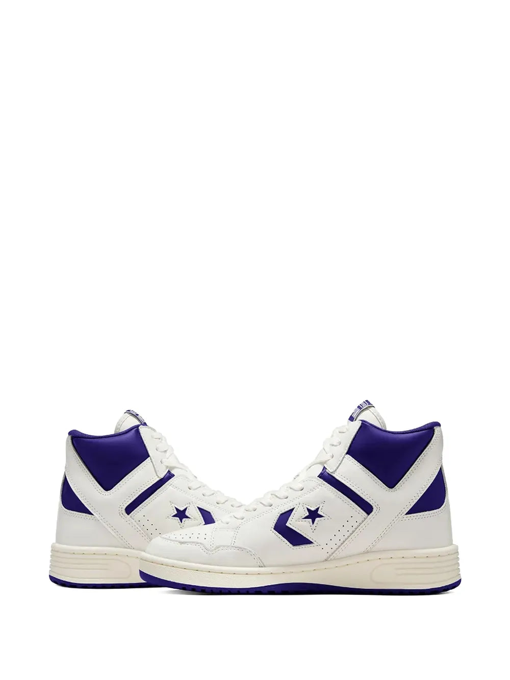 White high-top sneakers with purple accents and star logos, angled front view.