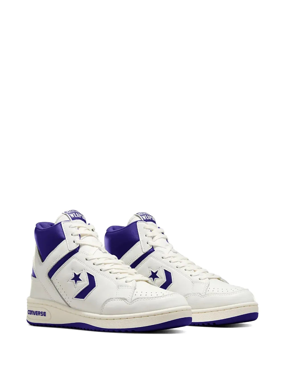 White lace-up sneakers with purple heel accents and star logos, side view.
