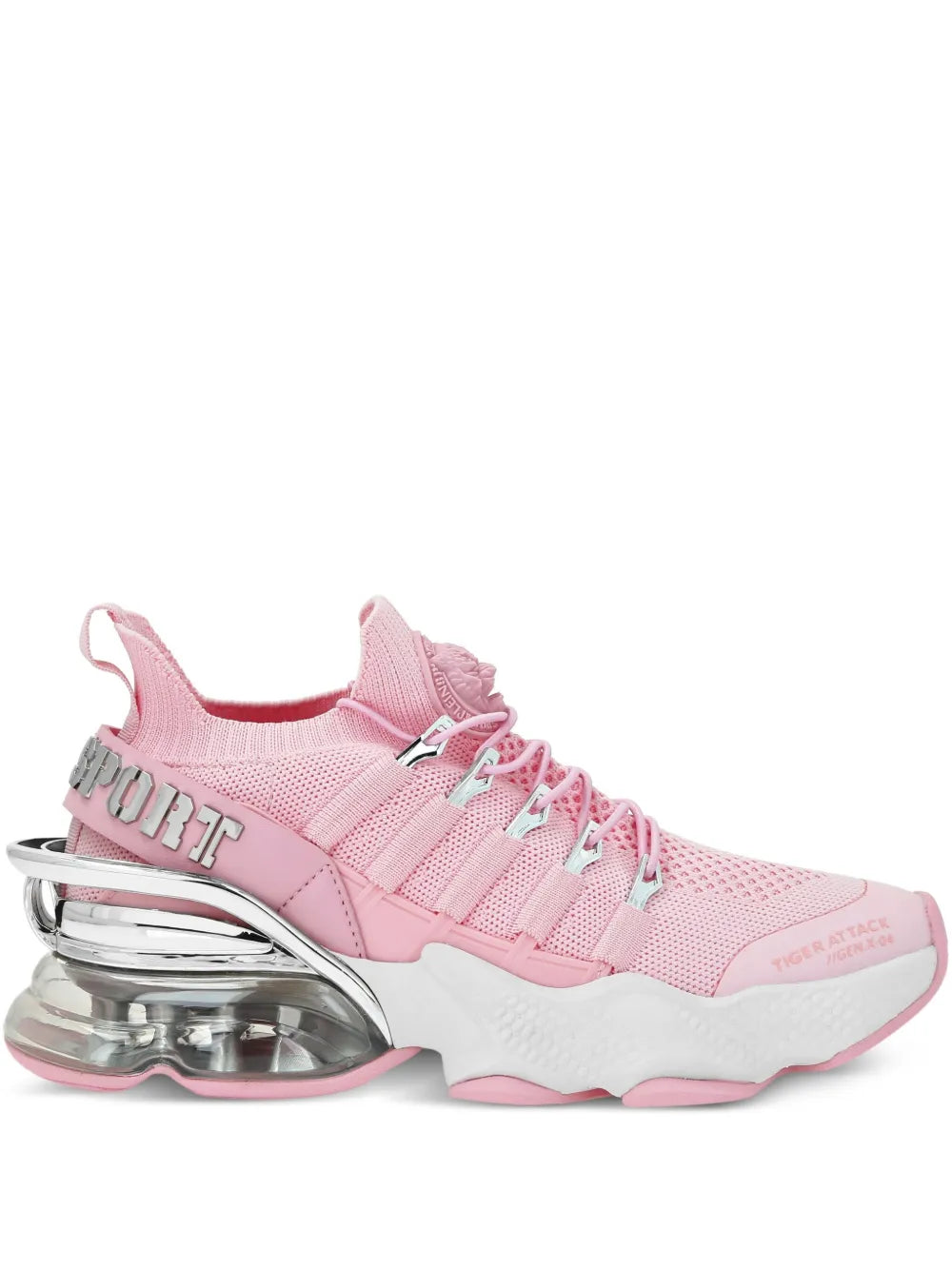 Pink knit sneaker with lace-up front and chunky silver gel-like sole