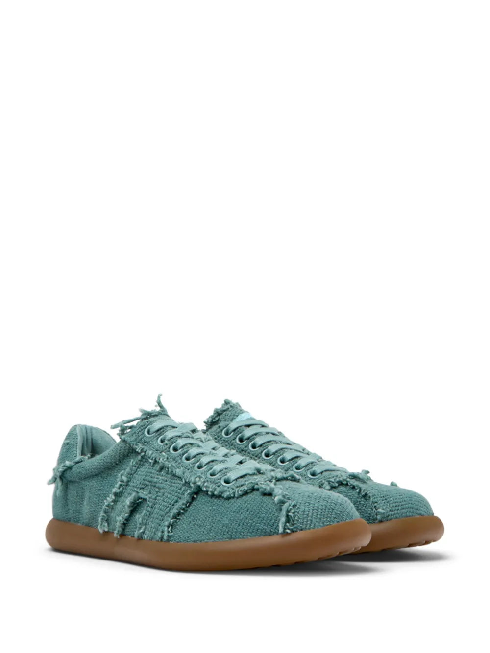 Teal canvas lace-up sneaker, side view, frayed edges and gum sole