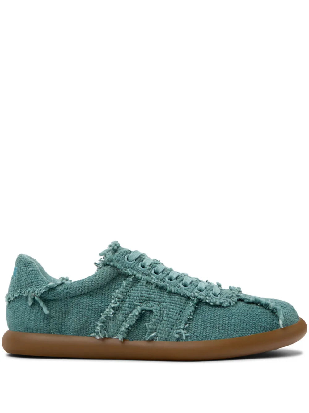 Teal canvas lace-up sneaker with frayed trim and gum sole