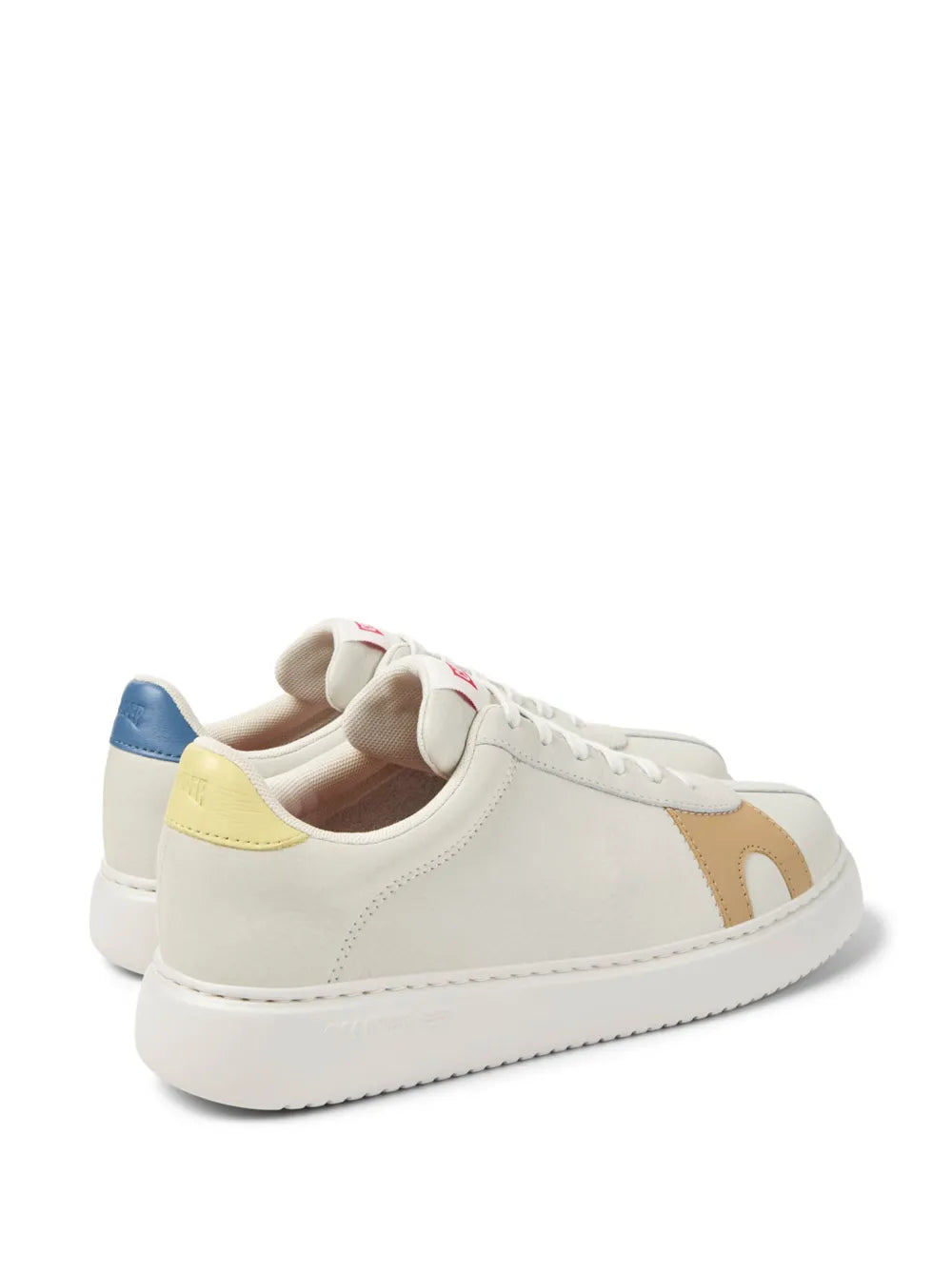 Camper K21 low-top sneakers, white with tan panel, blue collar and yellow heel trim