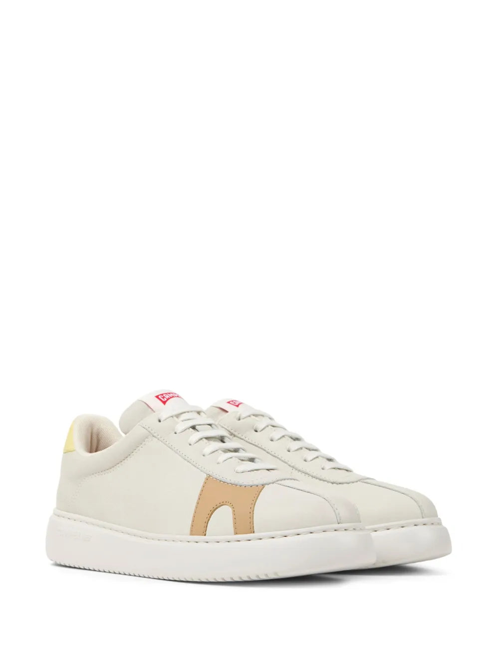 Camper K21 low-top sneakers, white with tan emblem and red tongue label