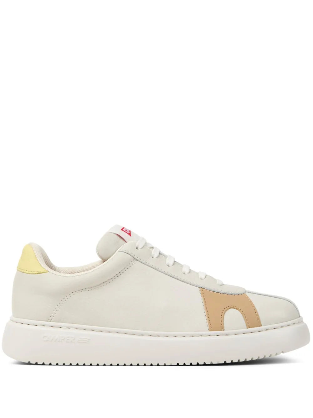 Camper K21 low-top sneakers, white with tan side panel and yellow heel trim