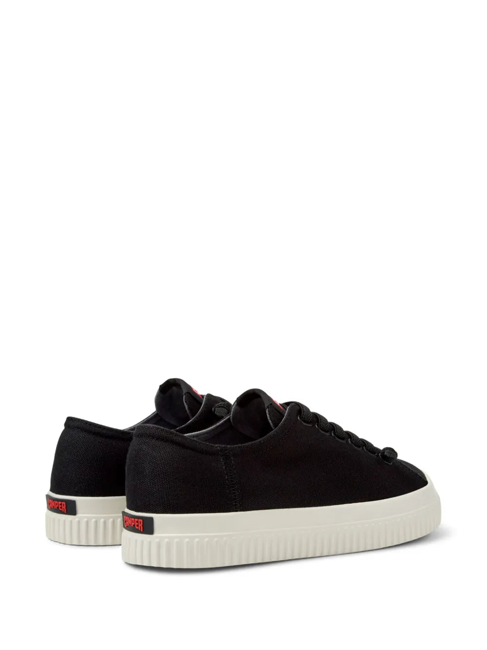 Black low-top lace-up sneakers with white rubber sole