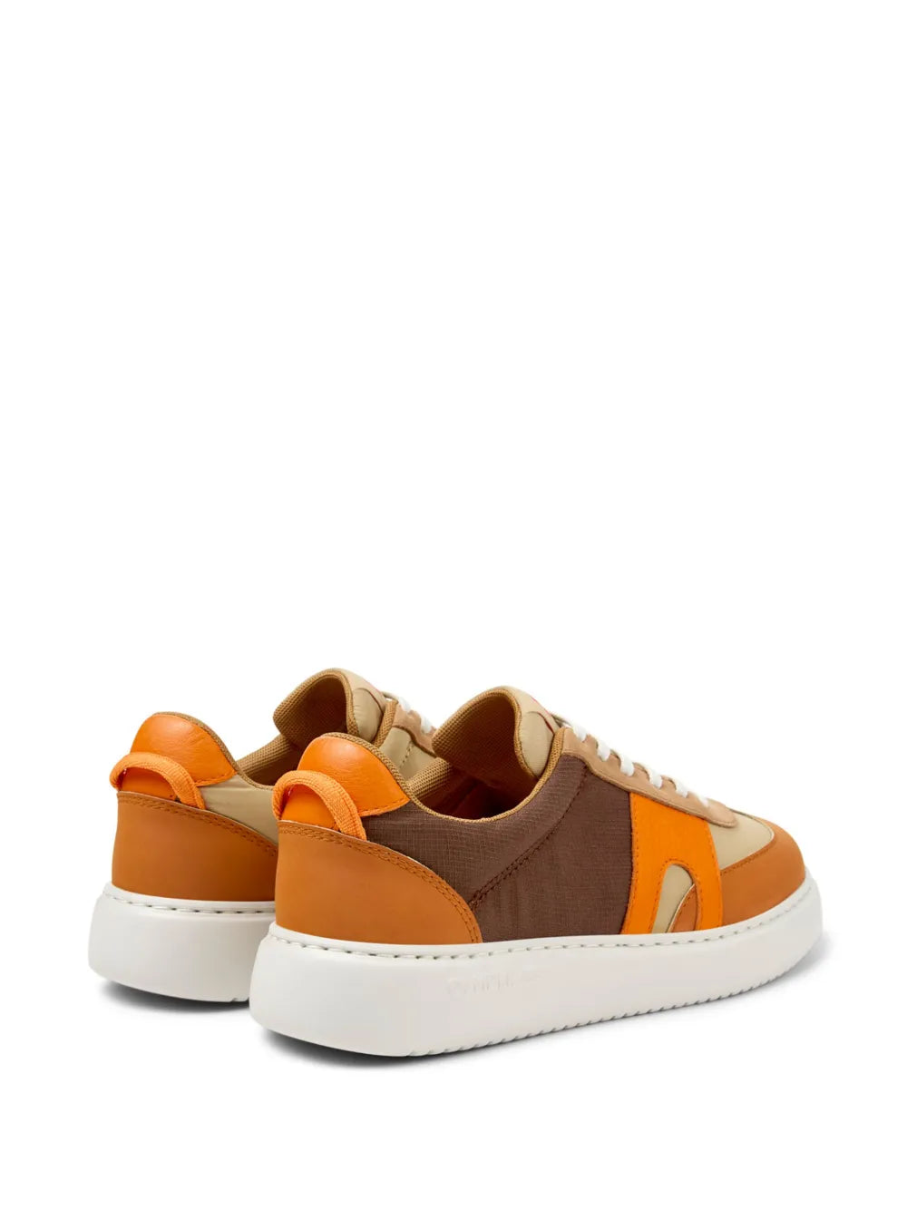 Pair of orange-and-brown low-top sneakers with white platform sole
