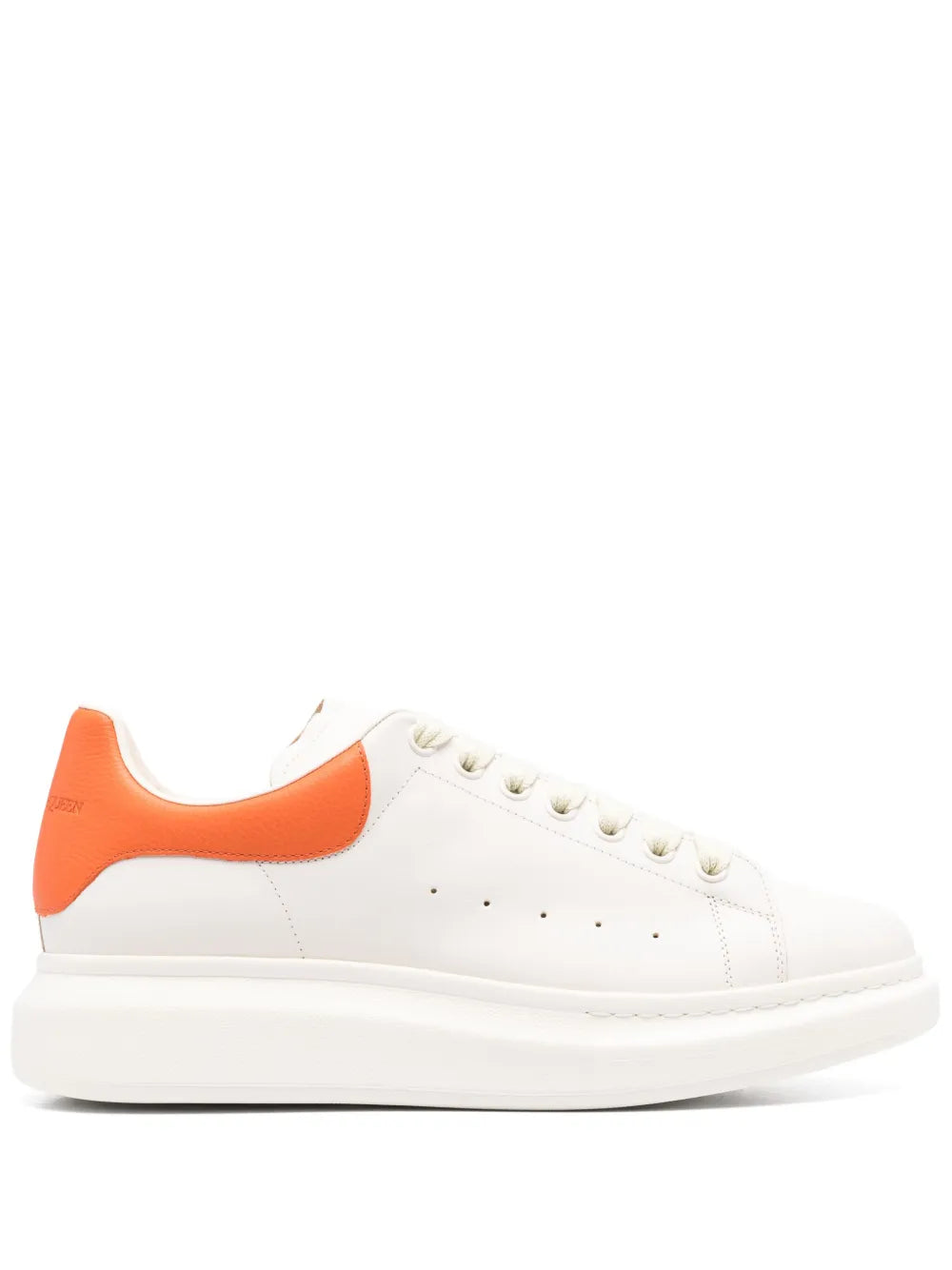 White oversized sneakers with orange side panel and contrast collar