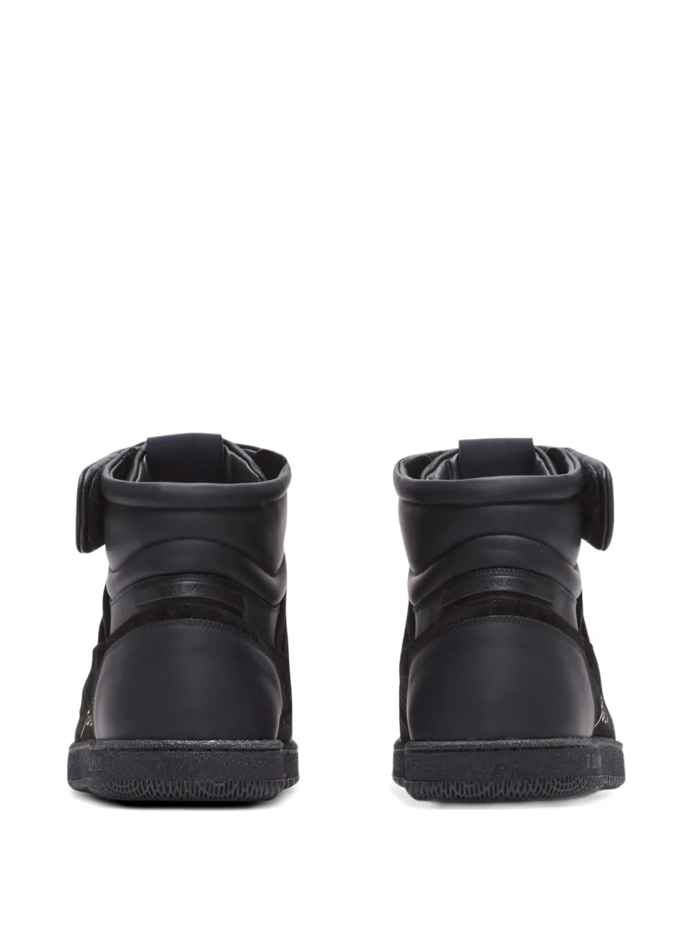 Black leather-panelled Balmain trainers, rear view with heel pull tabs