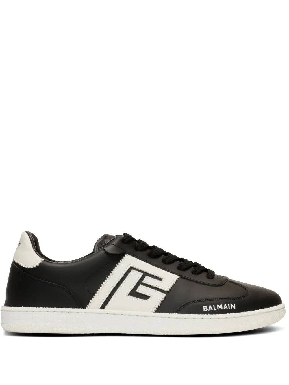 Black leather sneakers with white geometric logo and Balmain branding