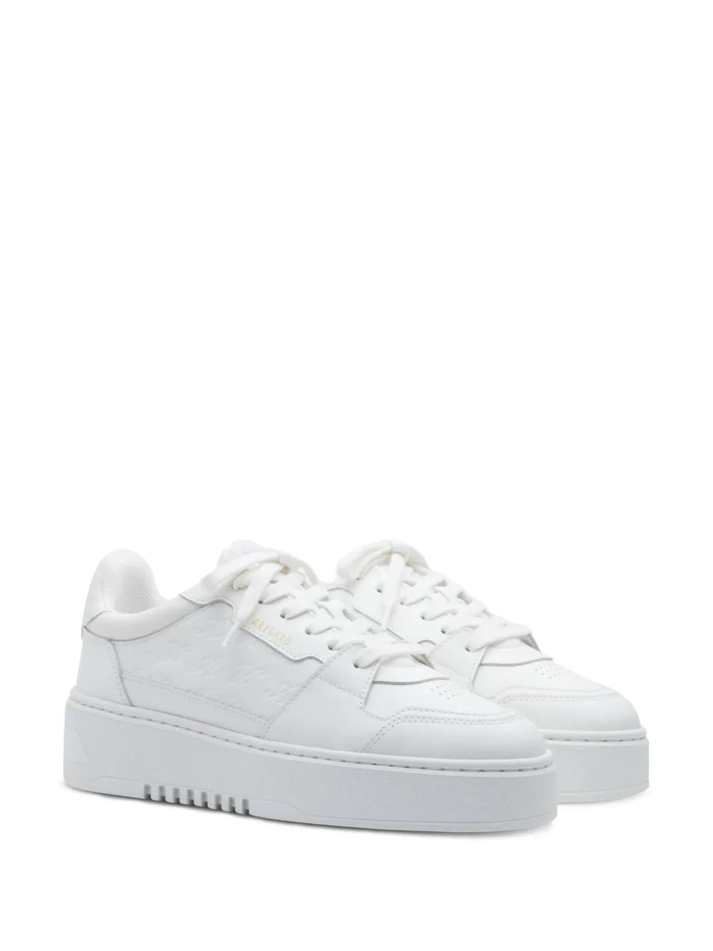 White lace-up low-top sneaker with side stripes and thick sole