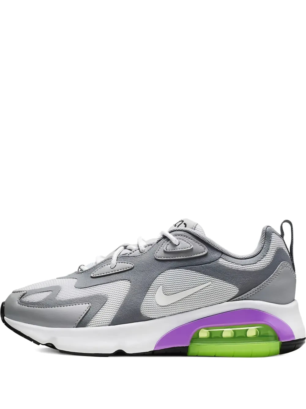 Grey Nike Air Max 200 sneakers with purple and neon green air sole