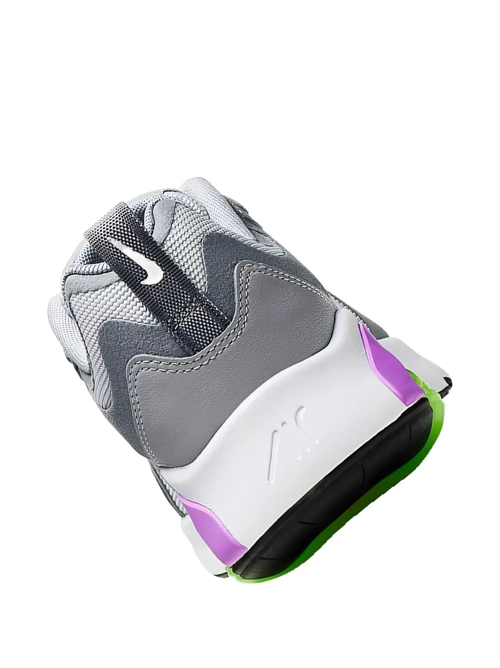 Grey Nike Air Max 200 sneaker side view with purple heel and neon green sole