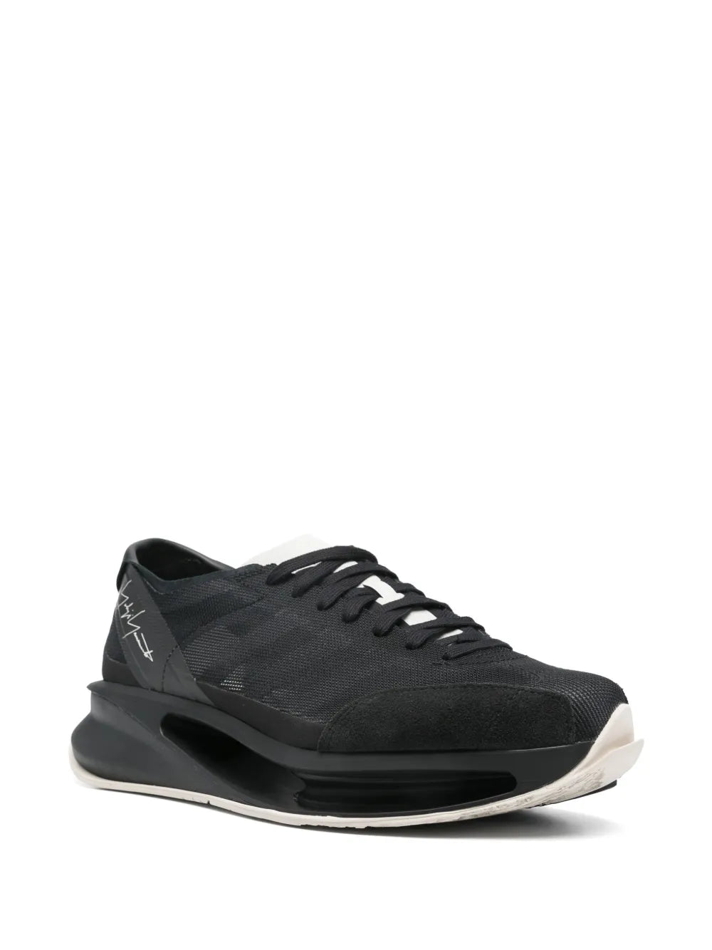 Black lace-up running sneakers, side view, with bold midsole and rounded toe