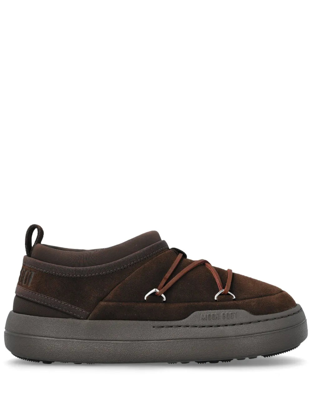 Dark brown suede-style high-top sneaker with laced front and logo patch