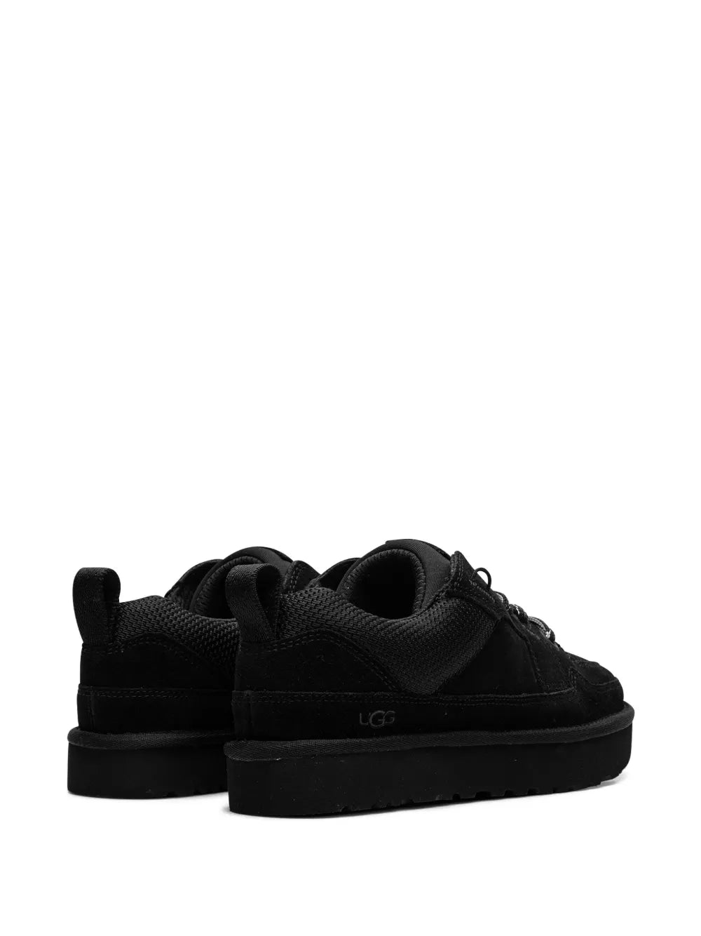 Black low-top lace-up sneaker, heel and back view with cushioned collar